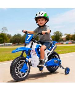 lot 18089 image: Kids Motorcycle, 12V7AH Ride On Motorcycle for Kids wTraining Wheels, Music, Spring Suspension, HighLow Speeds, Blue - Retail $149