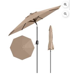 lot 18092 image: 9FT Outdoor Patio Umbrella, Crank Lift & Push Button Tilt, UV & Waterproof Sunshade with 8 Steel Ribs for Yard, Deck, Pool, Easy Assembly, Beige - Retail $54