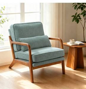 lot 18094 image: Karl home Mid-Century Modern Accent Reading Chair, TealCorduroy Upholstered, Solid Wood Frame, Soft Cushion, Lumbar Pillow, Lounge Armchair for Living Room, Bedroom, Balcony, Study - Retail $209