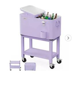 lot 18096 image: VINGLI 60qt Patio Cooler, Rolling Ice Chest on Wheels, Portable Patio Party Bar Drink Cooler Cart Lavender - Retail $259
