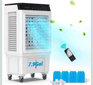 lot 18100 image: ROVSUN 7.9Gal Portable Swamp Cooler, 2300CFM Evaporative Air Cooler with Auto Oscillating, Remote, 3 Speeds, 12H Timer & 4 Ice Packs, 3-IN-1 Humidifying Cooling Fan Indooor Outdoor Patio Garage - Retail $119