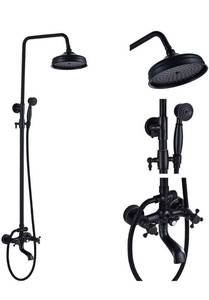 lot 18113 image: Black Shower Faucets Set 8 Inch Brass Rainfall Shower Head Tub Spout Bath Shower Wall Mounted Black Copper Tub Spout Shower - Retail $0