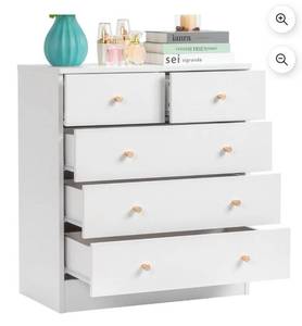 lot 18114 image: 5 Drawer Wood Dresser for Bedroom, Chest of Drawers, Storage Organization Unit for Clothing, Natural  Not White see last pic for color - Retail $125