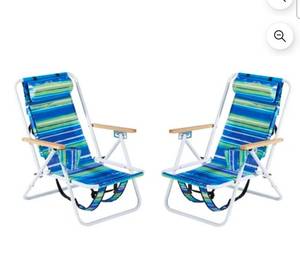 lot 18115 image: Folding Beach Chair Set of 2 for Adults, 4 Position Portable Backpack Foldable Camping Chair with Headrest Cup Holder and Wooden Armrests, Blue & Green Stripes - Retail $85