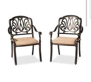 lot 18119 image: VINGLI 2-Pcs All-Weather Cast Aluminum Elizabeth Back Dining ChairsMetal Armchairs for Poolside Bronze - Retail $159