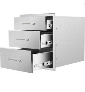 lot 18121 image: Outdoor Kitchen Drawers 18 W x 21 H x 23 D Flush Mount Triple BBQ Drawers with Chrome Handle Stainless Steel Drawer for Outdoor Kitchen Island, Patio Grill Station - Retail $199