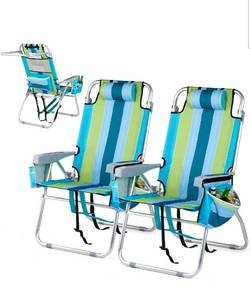 lot 18123 image: VINGLI Tall Beach Chair 2 Pack Lightweight, Backpack Beach Chair for Adults with 5-Position, Cooler Bag, Cup Holders, Towel Bar, Lightweight Folding Beach Camping Chairs ��BlueGreen-16 - Retail $129