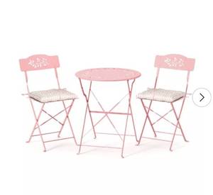 lot 18129 image: VINGLI Outdoor Folding Bistro Table and Chairs Set of 2, 3-Piece Bistro Set with Olive Leaf Cutout Design and Comfortable Cushions for Patio, pink - Retail $122