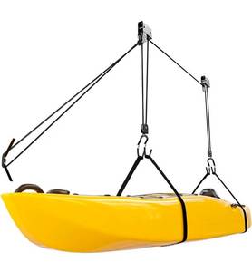 lot 18144 image: Bonnlo Pulley System Kayak Hoist, Garage Ceiling Storage Canoe Lift with 150 lbs Capacity Even Works as Bike Lift, Up to 14 ft Ceiling - Retail $0