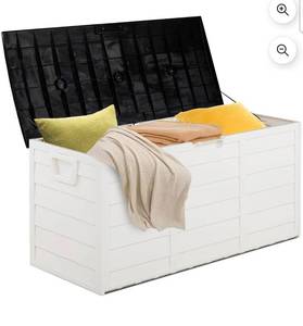lot 18163 image: VINGLI Upgraded 75 Gallon Outdoor Storage Box, Lockable Plastic Storage Containers with Lid, Patio Deck Box Furniture for Garden, Pool, Balcony, Yard (White) - Retail $65