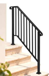 lot 18174 image: Black Wrought Iron Handrails for Outdoor Steps, Fits 3 or 4 StepsTransitional Stair Railing with Installation Kit for Concrete Steps or Wooden Stairs - Retail $0