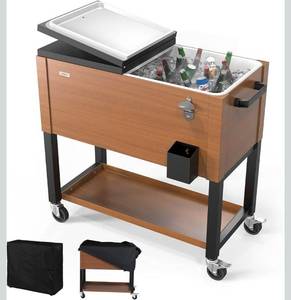 lot 18220 image: VINGLI 80 Quart Rolling Ice Chest on Wheels, Patio Cooler Cart, Beverage Rolling Cooler for Outdoor Patio Deck Party - Retail $165