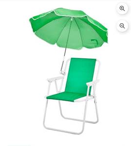 lot 18223 image: Folding Beach Chair with Umbrella, Lightweight Portable Camping Chair 265lbs Capacity for Travel Picnic Concert & Outdoor Activities, Green - Retail $54
