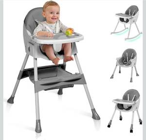 lot 18226 image: Ktaxon Baby High Chair, 6-in-1 Portable Rocking Highchair, GreyFeeding Foldable Chair W 5-Point Harness, Locking Wheels, Adjustable Backrest, Removable Tray, for Travel Babies and Toddler - Retail $58