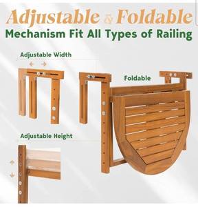 lot 18239 image: Acacia Wood Folding Balcony Bar Table for Railings, Adjustable Height & Width, Teak Brush Finish Durable Against Weather - Retail $66