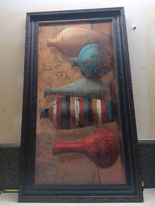 lot 174 image: Framed Wall Art Print with Decorative Vessels and Striped Design Approximately 31x55