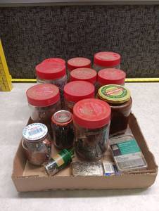 lot 184 image: Lot of Hardware Fasteners Screws Nails Assorted in Jars with Tools