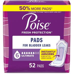 lot 1046 image: Poise Incontinence Pads & Postpartum Incontinence Pads, 6 Drop Ultimate Absorbency, Regular Length, 52 Count, Packaging May Vary - Retail $21