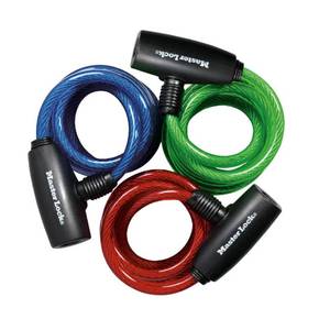 lot 1063 image: Master Lock Bike Lock Cables with Key, Blue, Green, and Red 3-Pack of Keyed-Alike Bicycle Cable Locks, 6 ft. Long, 8127TRI - Retail $21