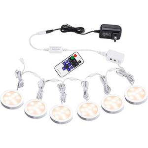 lot 1069 image: AIBOO Linkable Under Cabinet LED Lighting 12V Slim Aluminum Dimmable Puck Lights with RF Remote Control & UL Listed Transformer for Mood Lighting(6 Lights, Warm White) - Retail $33