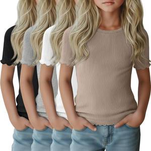 lot 1070 image: SEE PHOTOS FOR COLOR LessonZoo 4 Pack Girls Short Sleeve Tops Ribbed Cotton Lettuce Trim T Shirts Crew Neck Cute Basic Tees for Kids Teen (5-6y) - Retail $30