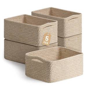 lot 1074 image: 5 Pack Decorative Small Storage Baskets for Shelves, Cotton Rope Woven Basket for Organizing Bathroom, Nursery, Closet, Cabinet, Toys & Socks, Gift Baskets Empty, 11.8x7.9x4.7, Khaki - Retail $24