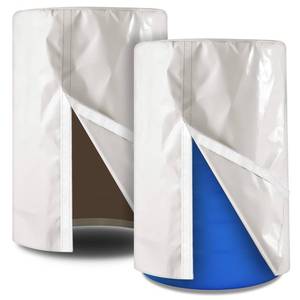 lot 1079 image: Vincreem 2 Piece 55 Gallon Drum Cover 24 x 36 Inch 55 Gallon Water Barrel Covers Outdoor Waterproof Rain Snow Water Storage Bucket Lid Protective Hookloop Closure Anti Dust - Retail $56
