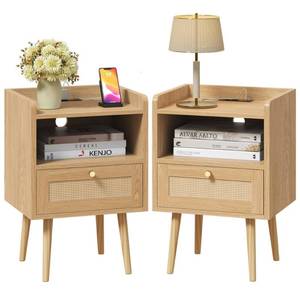 lot 1115 image: MECHYIN Nightstand with Charging Station & Rattan Decor Drawer, Boho Bedside End Table, Bed Side Table with Open Storage for Apartment Bedroom Living Room Dorm