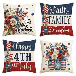 lot 1122 image: AVOIN colorlife Happy 4th of July God Bless America Daisy Bouquet Throw Pillow Covers, 18 x 18 Inch Faith Family Freedom Bottle Independence Day Memorial Decor Cushion Case for Sofa Couch Set of 4 - Retail $8