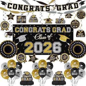 lot 1124 image: Black and Gold Themed 2026 Graduation Decorations Set - Congrats Grad Banner, Class of 2026 Backdrop, Balloons & Streamers Kit - Graduation Party Supplies for High School & College Celebrations - Retail $15