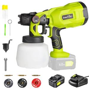 lot 1135 image: SnapFresh 20V Cordless Paint Sprayer, 4.0Ah Battery & Fast Charger Included, Handheld Electric HVLP Paint Spray Gun w 1200ML Container & 3 Nozzles for House Painting, Cabinets, Walls & Furniture