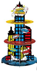 lot 1154 image: Nuesaurd Hero Cupcake Stand 3 Tier Cupcake Holder Stand Hero Cardboard Display Dessert Tower for Building Theme Birthday Party Supplies Super Themed Party Decorations Cupcake Decoration - Retail $10