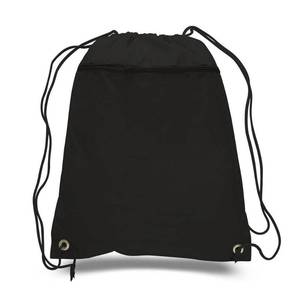 lot 1157 image: TBF (12 Pack) Set of 12 Durable Polyester Drawstring Backpack Bags with Front Zipper Pocket 15 W x 18 H (Black) - Retail $30