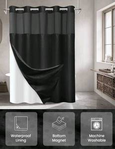 lot 1162 image: Waffle Weave Hookless Shower Curtain with Snap in Liner, DawnJoanHD Black Polyester Fabric Shower Curtains with See Through Top Window, 71 x 74 - Retail $0