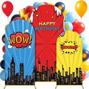 lot 1188 image: Tingjoo 3 Pcs Cityscape Arch Backdrop Cover Set 4Ft 5Ft 6Ft Happy Birthday Theme Party Backdrop Polyester Arch Stand Cover for Photo Props Hero Cosplay Decor - Retail $33