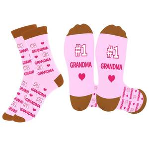 lot 1198 image: Liomxase Crew Socks for Women - Pink Letter Print Novelty Socks, Size 5-9, Casual Style - Perfect Christmas, Birthday, Valentines Day, Mothers Day, and Grandparents Day Gifts for Grandma - Retail $6