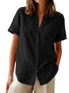 lot 1216 image: Womens Button Down Shirts Oxford Short Sleeve Cotton Dress Shirts Collared Button Up Casual Blouses Tops with Pocket - Black L - Retail $25