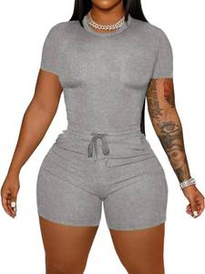 lot 1223 image: HBQ Womens 2 Piece Outfits Summer Sweatsuits Track Suits Crop Tops Biker Short Workout Jogger Sets Grey M - Retail $15