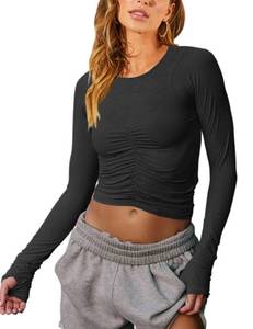lot 1226 image: Vivitulip Women��s Long Sleeve Shirts Basic Fall Ruched Slim Fitted Crop Tops Tight Athletic Blouse with Thumb Holes Black M - Retail $15