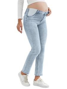 lot 1243 image: Leovqn Womens Maternity Jeans Slim Side Stretchy Straight Leg Pregnancy Petite Denim Pants with Pockets Light Blue XL - Retail $44