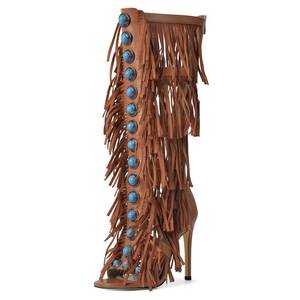 lot 1247 image: Pre Owned Richealnana Womens Fringe Studded Jewel Zipper Open Toe Knee High Sandals Stilettos Tassel Shoes For Party Prom Brown US 11 - Retail $60