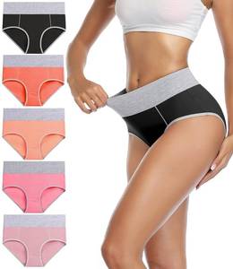 lot 1256 image: wirarpa Womens Cotton Underwear High Waist Stretch Briefs Soft Underpants Ladies Full Coverage Panties 5 Pack Black Red Orange Red Pink X-Large - Retail $27