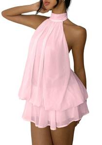 lot 1262 image: Fhykiss Womens Chiffon Halter Drop Waist Mini Dress Wedding Guest Dresses Ruffle Formal Holiday Club Brunch Outfits Pink S - Retail $48