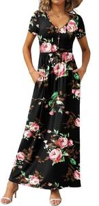 lot 1263 image: GRECERELLE Womens Summer Long Maxi Dress V Neck Short Sleeve Decorative Buttons Casual Dresses with Pockets, Broken Rose Black, L - Retail $318