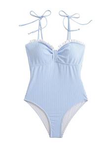 lot 1276 image: Verdusa Womens Striped Tie Shoulder One Piece Swimsuit Ruched Bust Summer Vacation Bathing Suit Blue and White Large - Retail $35