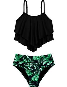 lot 1280 image: HOZIY Girls Swimsuits Size 10-12 Tween Preteen 2 Two Piece Bikini Swim Suits Bathing Suits Black Green Tropical Palm Leaves Modest - Retail $20