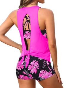 lot 1283 image: 3 Piece Swimsuits Open Tie Back Tankini Top And Athletic Swim Shorts M - Retail $43