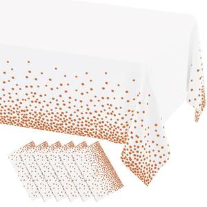 lot 1287 image: misaya 6 Packs Dot Disposable Table Cloth, 54 x 108 Inch Waterproof Plastic Tablecloth, Rectangle Rose Gold Dots in White Table Covers for Picnic, Birthday, Party and Back to School - Retail $16