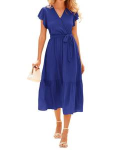 lot 1288 image: BTFBM Women Summer Casual Wrap V Neck Ruffle Cap Sleeve Belted Midi Dress - Retail $37