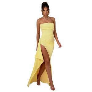 lot 1295 image: Womens Sexy Strapless Backless High Split Long Maxi Dress Ruched Off Shoulder Sleeveless Bodycon Party Cocktail Dresses Yellow M - Retail $38